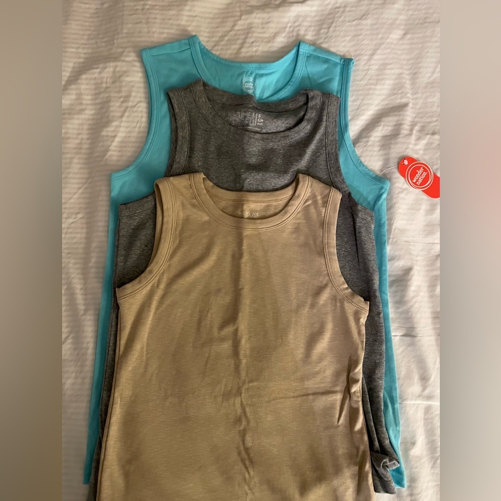 3- Cotton Tank Tops Tan, Turquoise & Grey Women’s NWOT